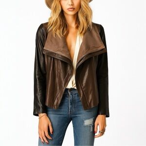 VINCE Lamb Leather Colorblock Moto Jacket